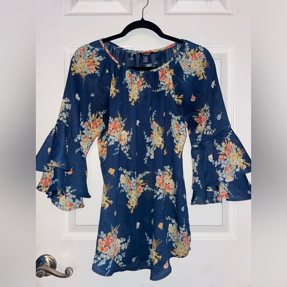 Chaps Tops - Chaps Navy Floral 3/4 Length Ruffle Sleeve Blouse